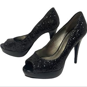 Guess Black Glitter Peep Toe Platform Pumps Size 6